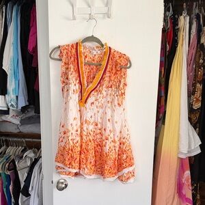Poupette St. Barth Orange and White Sleeveless V-Neck Tunic with Crochet Trim